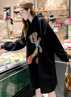 加肥大码孕妇卫衣连衣裙冬装加绒加厚外穿宽松N200斤连帽休闲上衣