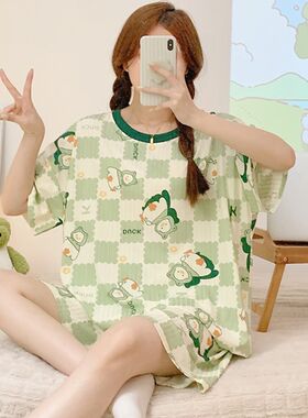 睡衣女夏季新款印花短袖套装韩版宽松加肥加大码220斤可穿家居服