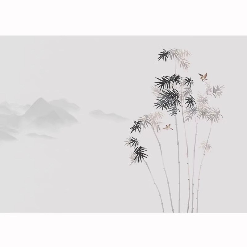 新中式水墨竹子茶室墙布客厅素雅简约电视背景壁纸办公室装饰壁布