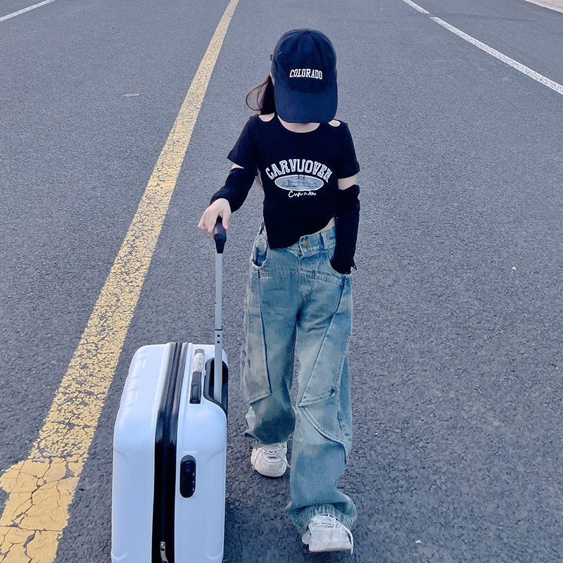 热销女童秋装套装2023新款大童时髦春秋小孩牛仔裤两件套洋派潮衣