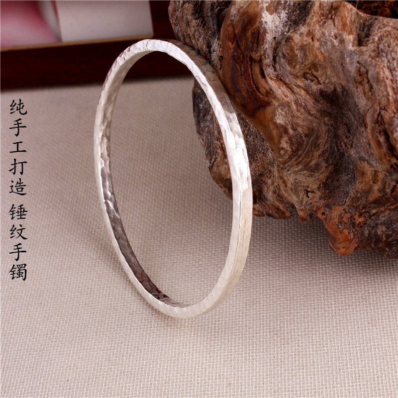 手工纯银 锤纹闭口实心999银镯子 方条细镯 百搭男女士情侣银手镯