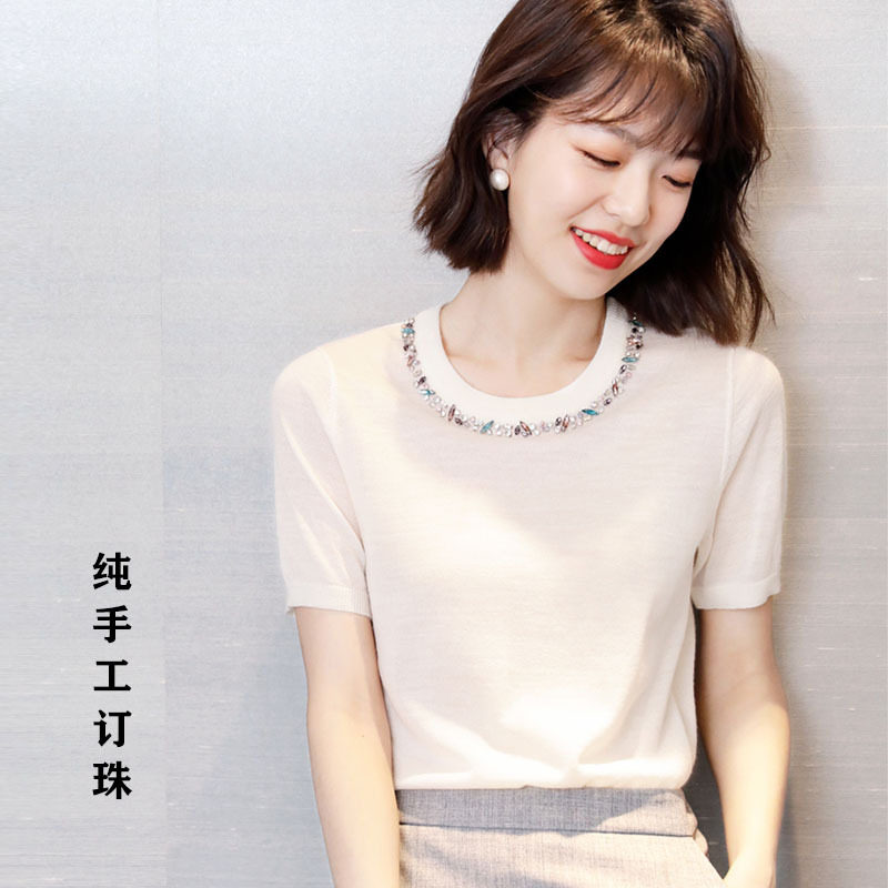 欧洲站冰丝针织衫女2023新款短袖宽松版夏季薄款大码重工钉珠上衣