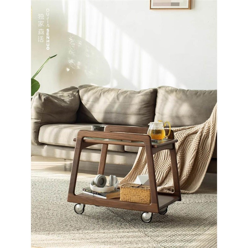 北美黑胡桃木全实木o边几小推车日式沙发茶几置物可移动收纳客厅