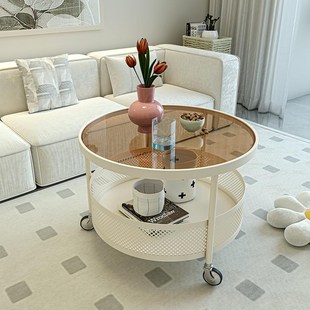 法式奶油风可移动茶几小户型客厅家用沙发边几桌带轮迷你玻璃圆桌