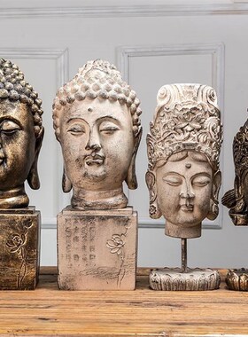 创意新中式禅意佛头摆件泰式玄关电视柜办公室SPA会所刺青装饰品