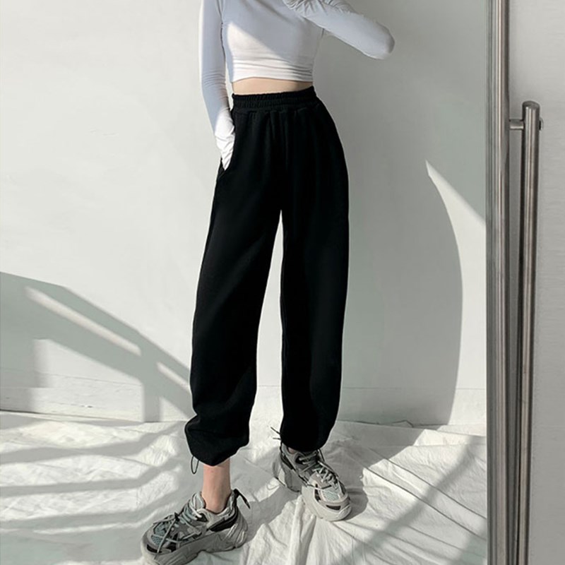 大码胖mm美式白色运动裤女200斤纯棉卫裤宽松直筒阔腿束脚休闲裤