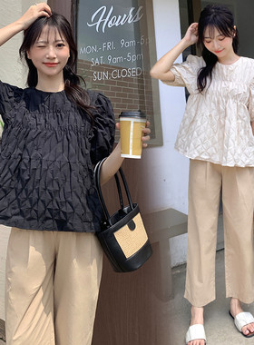 孕妇气质套装夏季法式泡s泡袖褶皱小衫新款直筒托腹裤小个子孕装