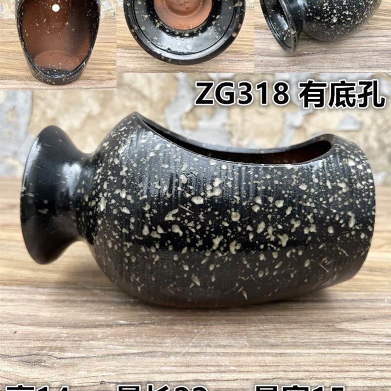 小众高货装饰摆流老式土陶盆循环水土]无孔陶罐倒瓶鱼缸流水复古