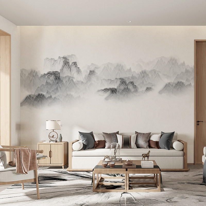 现货速发中式黑白水墨山水画电视背景墙壁纸客厅影视墙纸壁画茶室