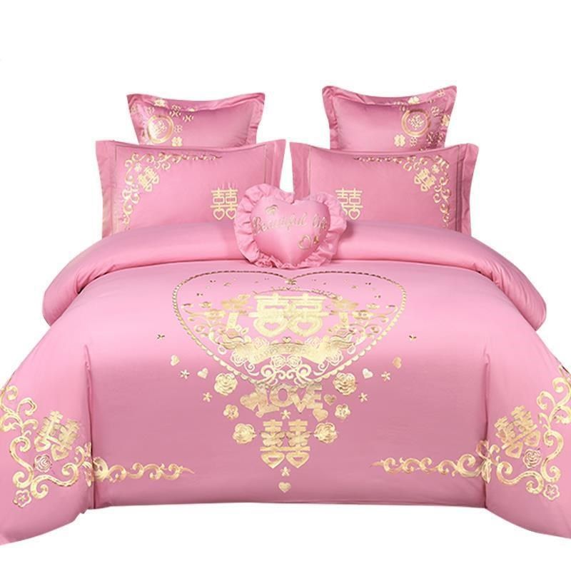 120支轻奢真丝婚庆四件套粉色刺绣双面冰丝裸睡结婚被套床上用品,床上用品,婚庆床品套件,淘宝优惠券,粉丝福利购,淘宝优惠卷