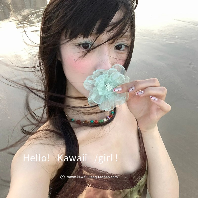 现货海边度假风薄荷绿色仿真花发夹女F森系清新小众ins设计感雪纺