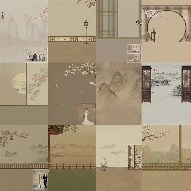 新款影楼中国风拍照背景布 婚纱工笔画摄影背景纸 复古民国全家福