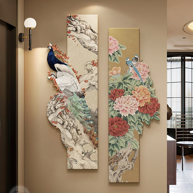 新中式复古入户进门玄关装饰画中古风荷花走廊过道尽头正对墙挂画图片