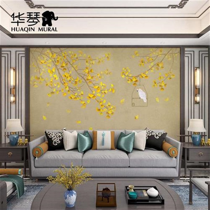 新中式花鸟壁画 银杏叶墙纸 客厅电视背景L墙壁纸茶室卧室墙布壁