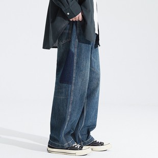 怕生 阔腿直筒裤 鹿 休闲宽松工装 男女潮 美式 做旧补丁老爹牛仔裤
