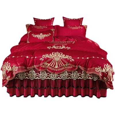 婚庆大红色四件套刺绣被套床裙式结婚床上绣花字床罩冰丝天丝床单