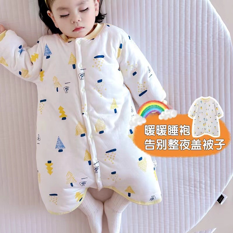 婴儿睡衣冬季超厚棉衣睡袍连体衣长袖家居服冬款儿童分腿睡袋保暖