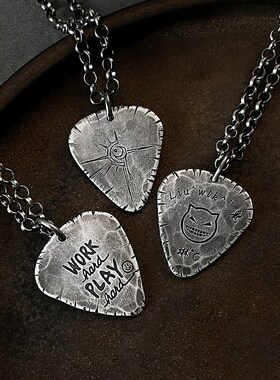 吉他拨片吊坠纯银定制复古战损小众刻字手工情侣项链送男生礼物
