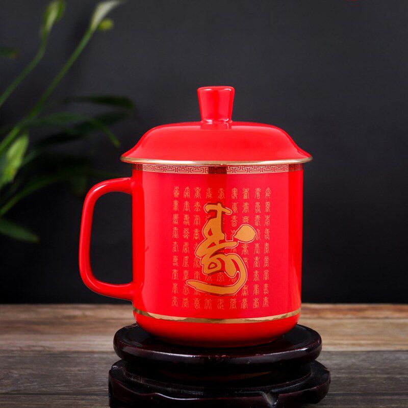 中国红瓷陶瓷茶杯带盖家用大容量骨瓷杯将军百福个人办公礼品茶具
