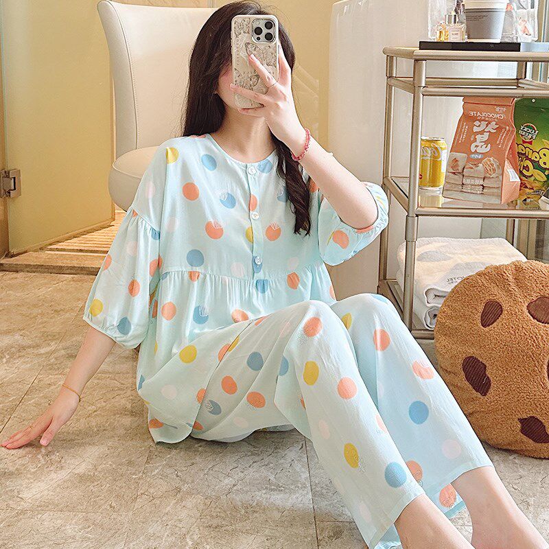 女士睡衣2024年春夏季新款宽松棉绸薄款七分袖长裤学生人棉家居服