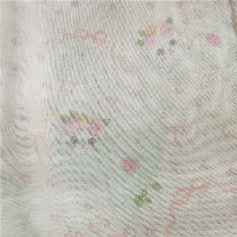 女士春夏双层纱布薄款睡衣家居服粉嫩萌猫咪花边长袖长裤圆领