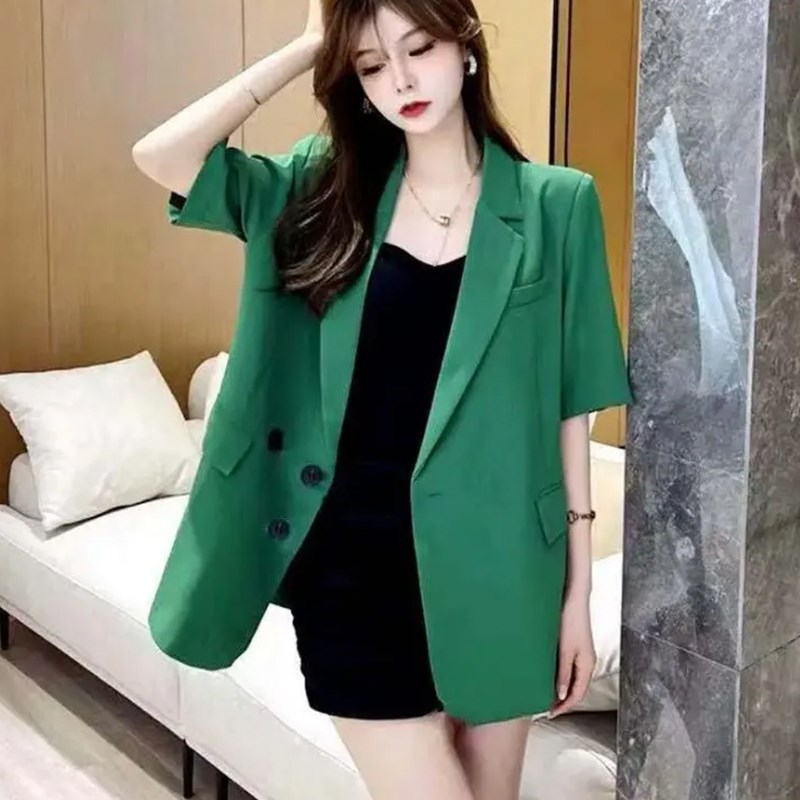 网红炸街小西装外套女夏季薄款设计感小众中长款短袖休闲西服上衣