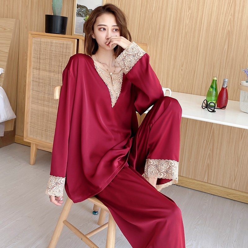 大码冰丝睡衣女200斤红色长袖长裤套装缎面结婚家居服胖妹妹春秋