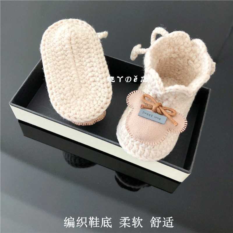 手工编织毛线高筒靴满月婴儿系带鞋学步前软底P鞋男女宝宝鞋子春