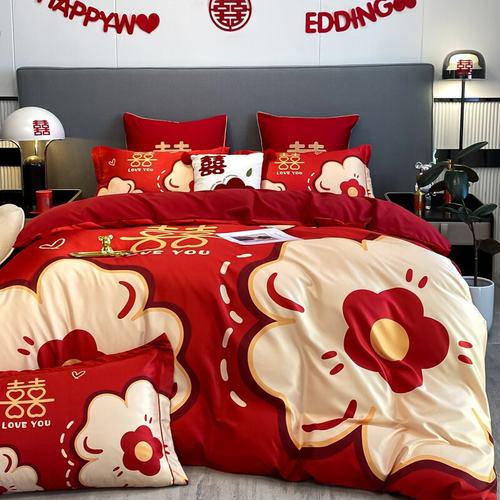 中式新潮婚庆全棉喜庆四件套大红色被套床单床笠宽结婚用床上用品
