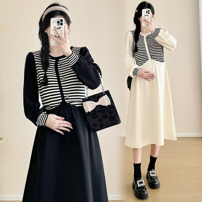 孕妇装春装假两件条纹长袖连衣裙2025新款孕妇裙春季怀孕休闲裙子