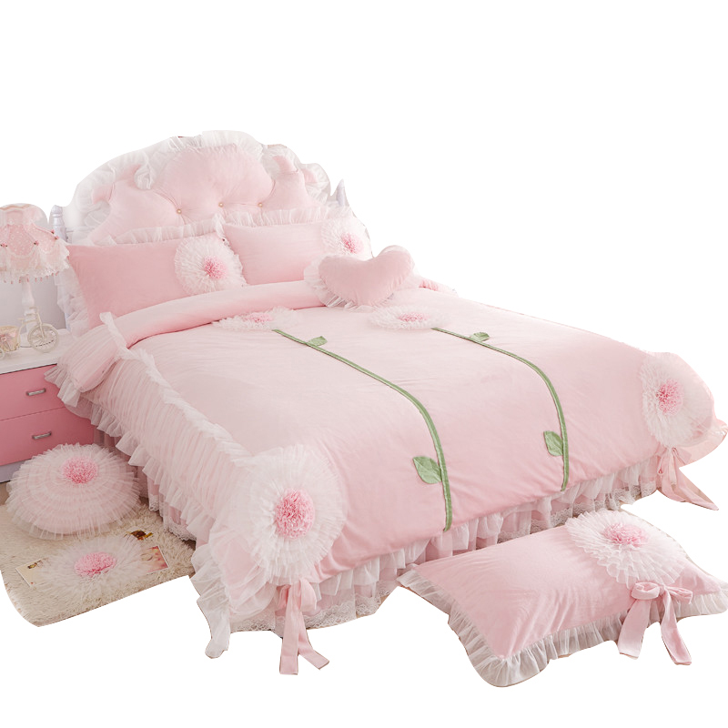 婚庆保暖加厚短毛绒四件套韩式蕾丝花朵床裙公主风床上用品 冬款