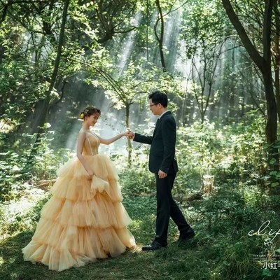 新款影楼拍照主题服装法式氛x围感写真女彩纱抹胸拖尾婚纱黄色礼