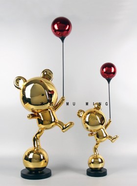 现代轻奢电镀气球熊雕塑摆件样板间售楼处卡通动物熊举球公仔人物