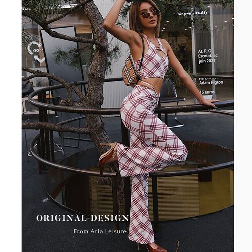 高端性感时尚格纹瑜伽服套t装女挂脖背心带胸垫抽绳运动健身喇叭