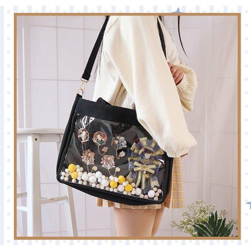 痛包大容量斜挎单肩包日系式女学生帆布包百搭上课娃包少女透明pu