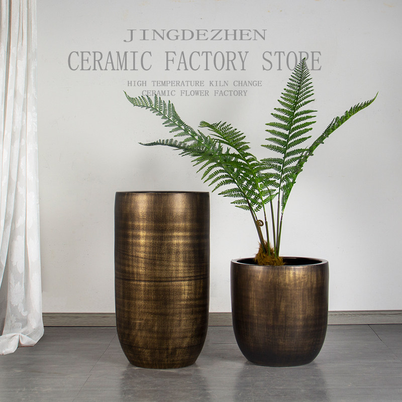 景德镇古铜色陶瓷花盆摆件客厅富贵树g种树大缸落地花瓶特大号花