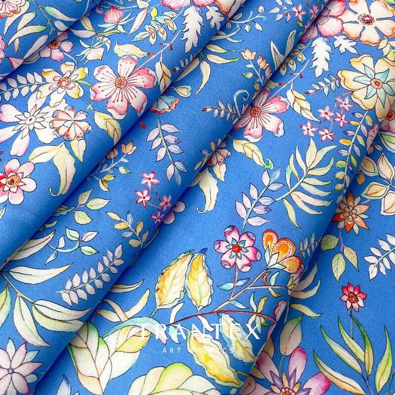 60支全b棉府绸纯棉印花碎花服装布料旗袍连衣裙面料春华时节蓝色