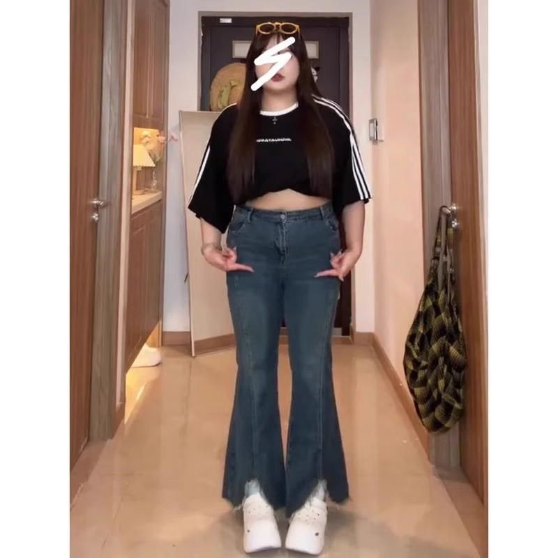 蓝灰色复古微喇牛仔裤女秋冬加绒胖妹妹mm高腰弹力显瘦开叉直筒裤,女装/女士精品,大码裤装,淘宝优惠券,粉丝福利购,淘宝优惠卷