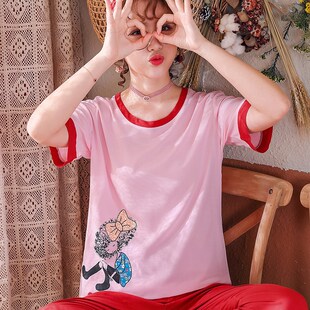韩版女生睡衣夏棉绸薄款可爱卡通图案家居服套装绵绸女士大码睡衣