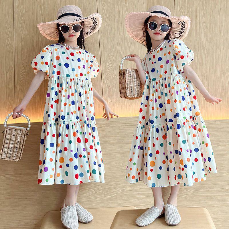 新品2024新款女童波点连衣裙女孩洋气泡泡袖连裙子女大童韩版公主