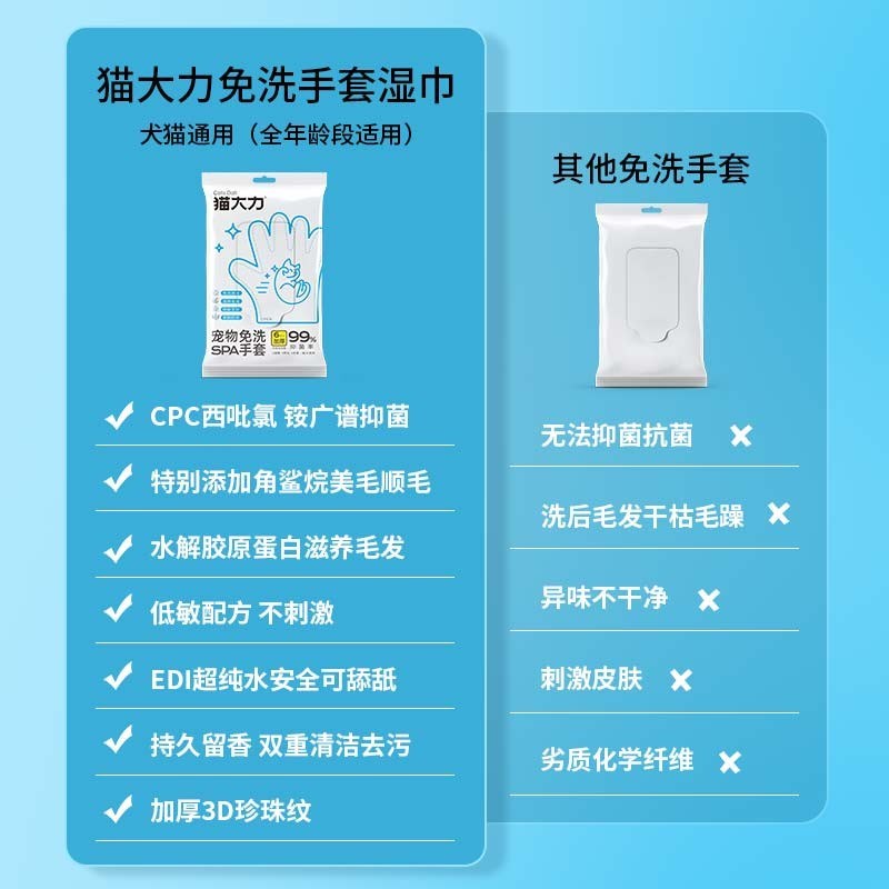猫大力猫咪用品i免洗宠物手套湿巾猫咪清洁猫狗洗澡干洗除臭纸巾