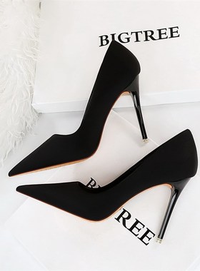 紫色高跟鞋女夏高级感职业细跟超高跟绸缎浅口尖头大码41-43单鞋