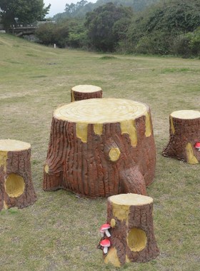 玻璃钢卡通奶牛雕塑创意牛斑桌子椅子仿真树桩桌凳景观装饰品摆件