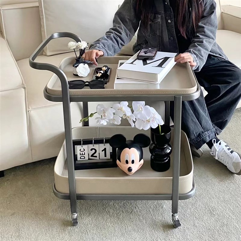 轻奢马鞍皮移动沙发边几小推车茶几客厅家用角几床头柜带轮置物架
