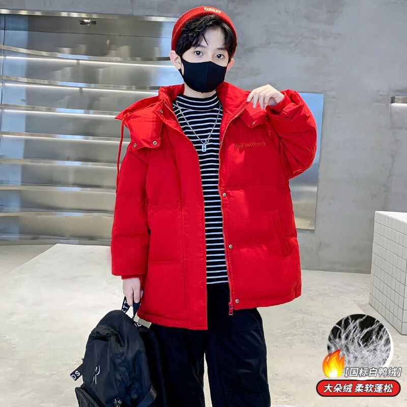 男童连帽红色加厚羽绒服冬季2024新款儿童十二岁本命年年服保暖潮