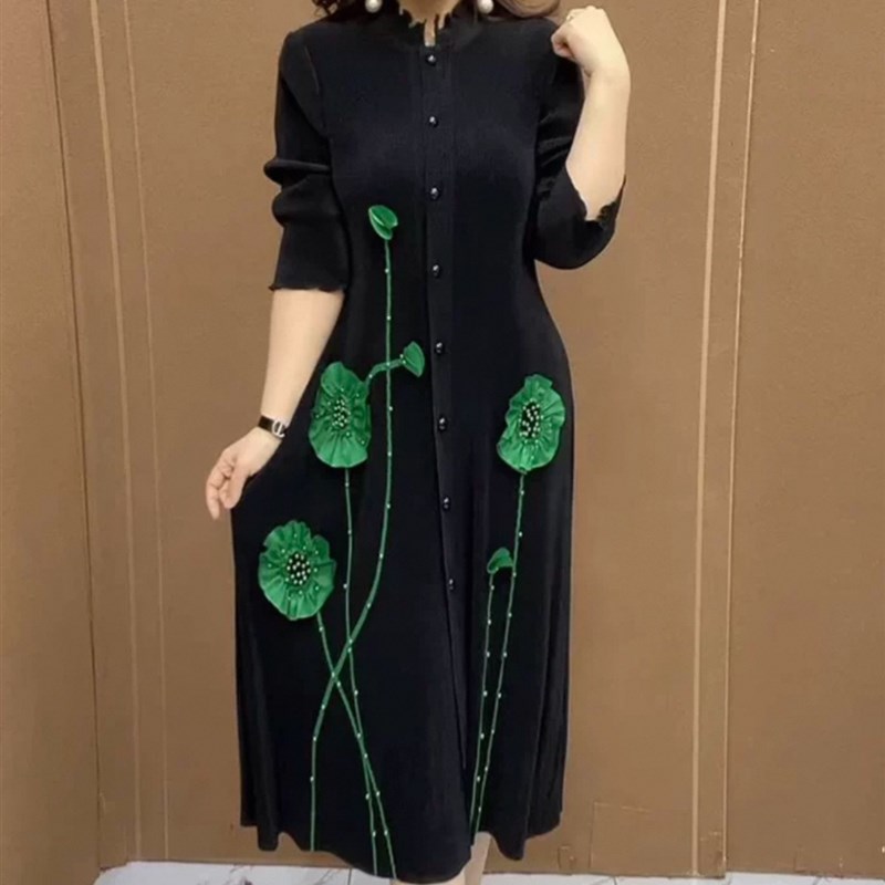 印花立体花订珠褶皱连衣裙女长袖宽松大码显瘦减龄长裙弹力裙