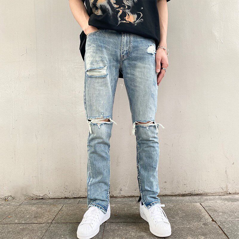 个性痞帅裤脚拉链浅蓝色膝盖破洞牛仔裤男士夏季新款修身牛仔长裤