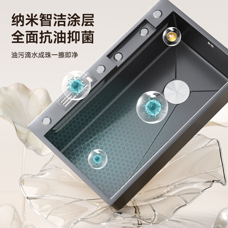 压纹蜂窝飞雨瀑布水槽家用手工厨房304不锈钢大单槽洗菜盆洗碗池