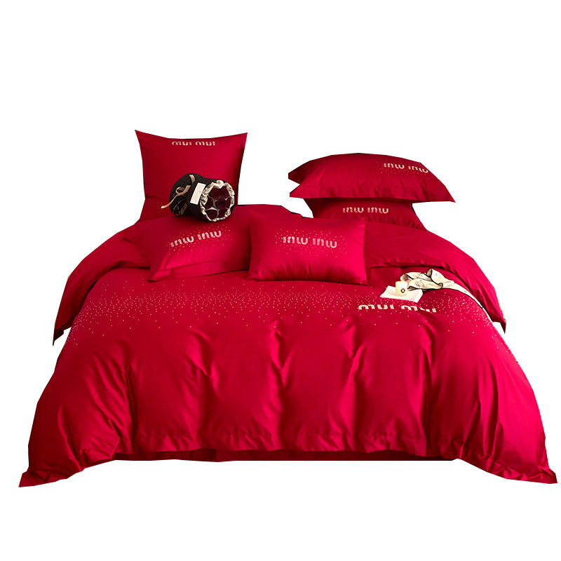 婚庆120c支四件套纯棉床上用品刺绣烫钻简约大红色结婚被套1.8米