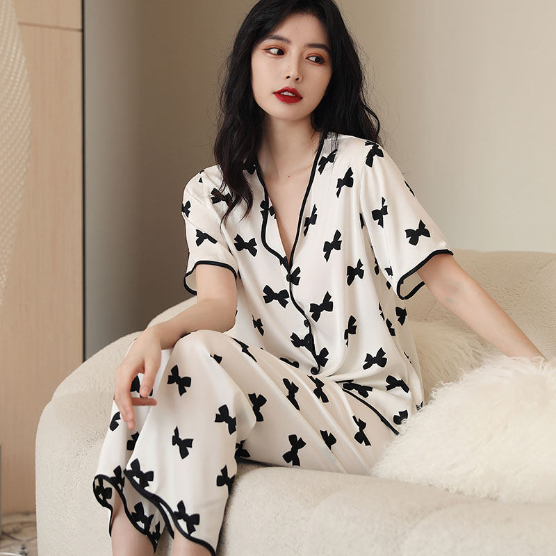 真丝睡衣女夏款高级性感短袖长裤两件套冰丝绸白色睡裙女夏天薄款
